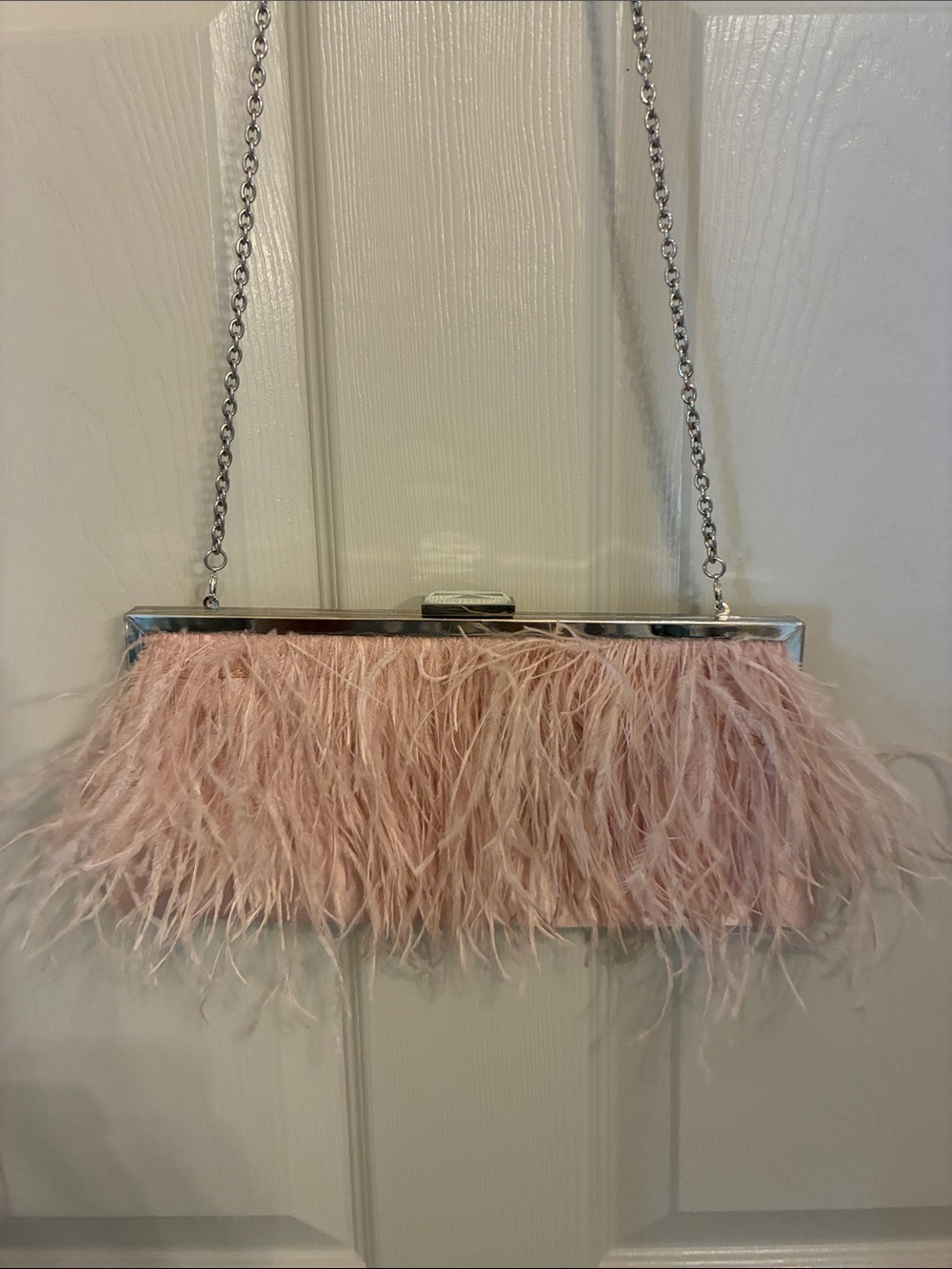 INC International Concepts Blush Pink Feather Fringe Clutch with Silver Chain